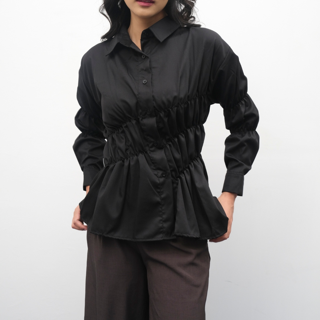 SHOPATALEEN - Nara Black | Kemeja Hitam Wanita Chic Edgy Oversize Lengan Panjang Bahan Adem Kekinian