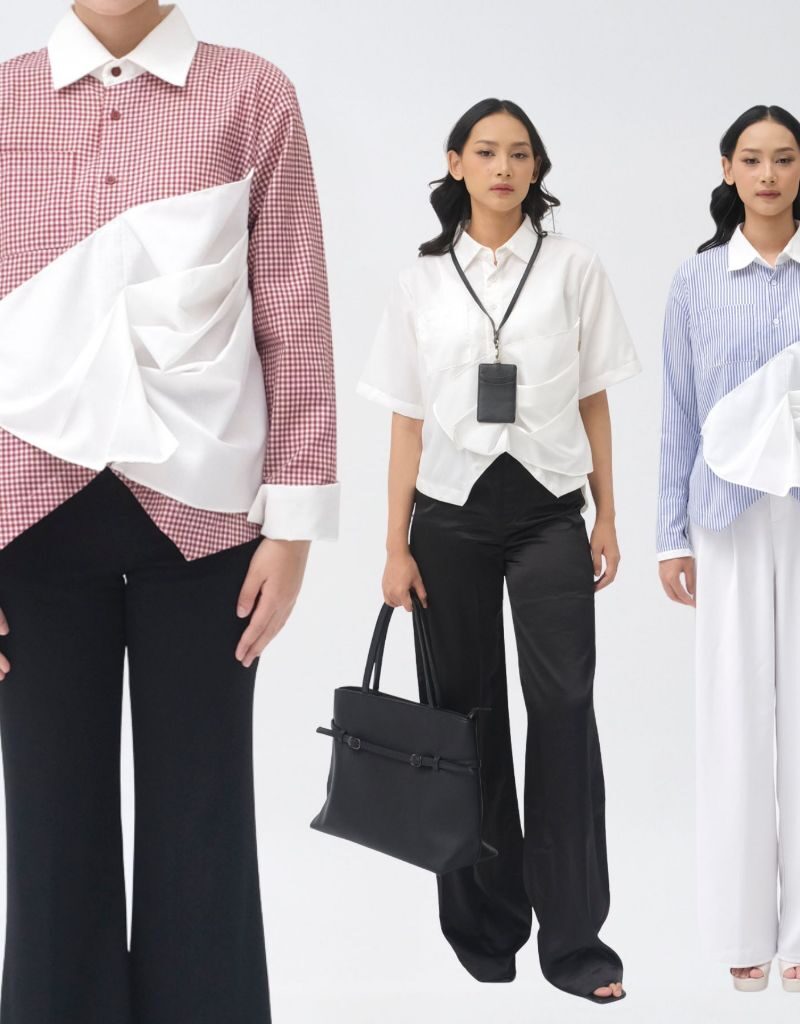 SHOPATALEEN - YUME TOP Atasan Wanita Oversize Pleats Asimetris Lengan Panjang & Pendek kekinian