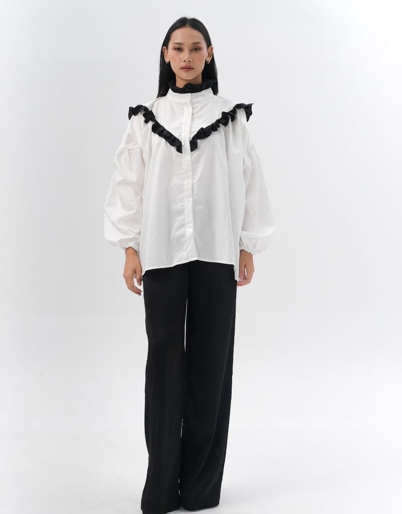 SHOPATALEEN - Melva tunik Kemeja Katun Kekinan Wanita Ruffle Office Ruffle Blouse